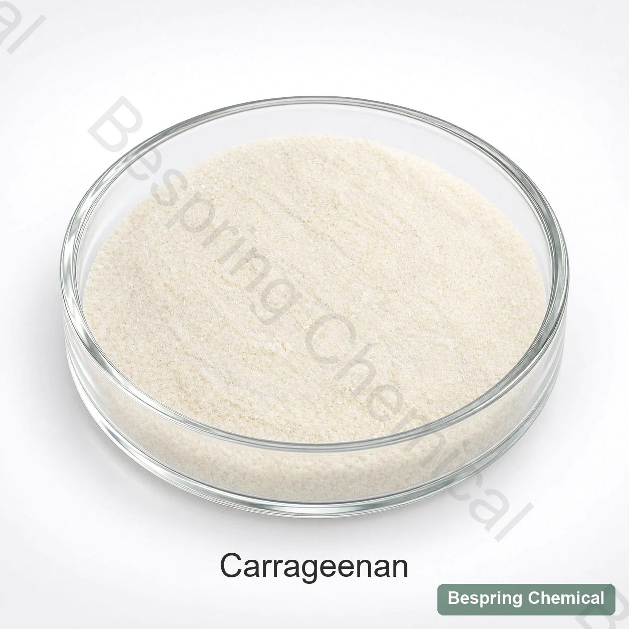 Light carrageenan powder in a glass dish in the existing sample image