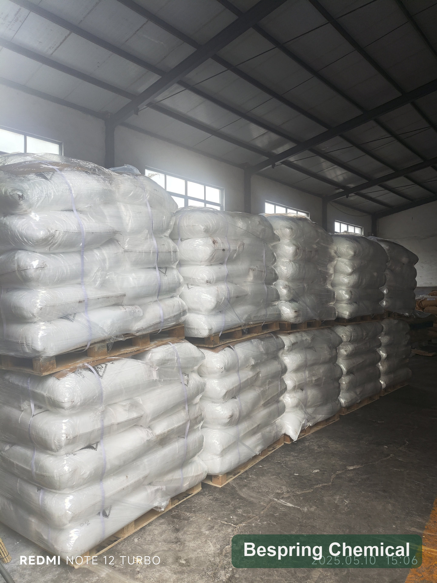 Palletized bagged sodium carboxymethyl cellulose inventory in a warehouse