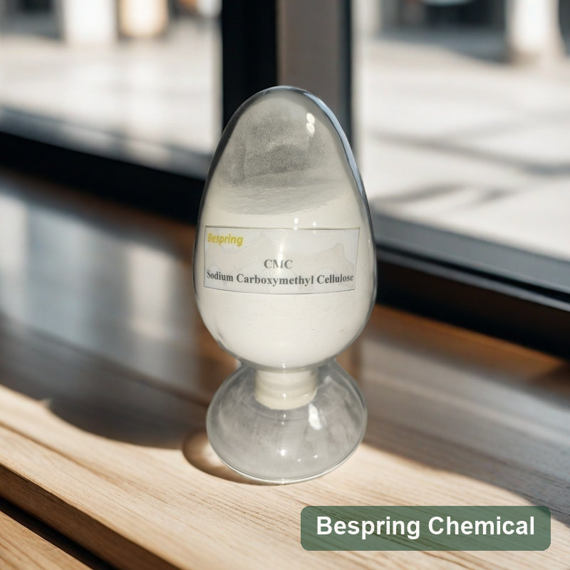 Food grade sodium carboxymethyl cellulose powder sample in a clear display vessel