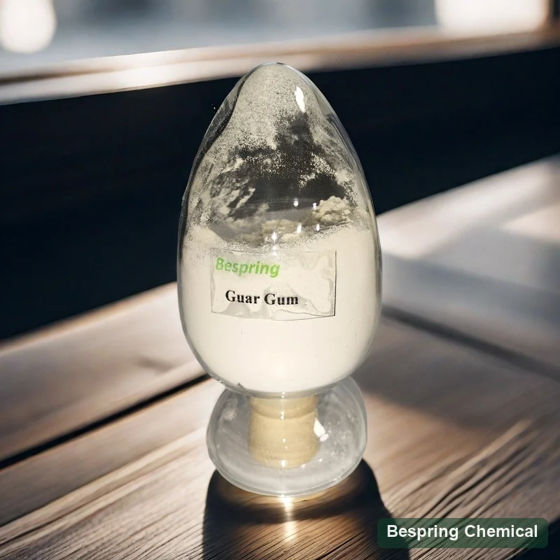 White guar gum sample in a labelled glass display vessel