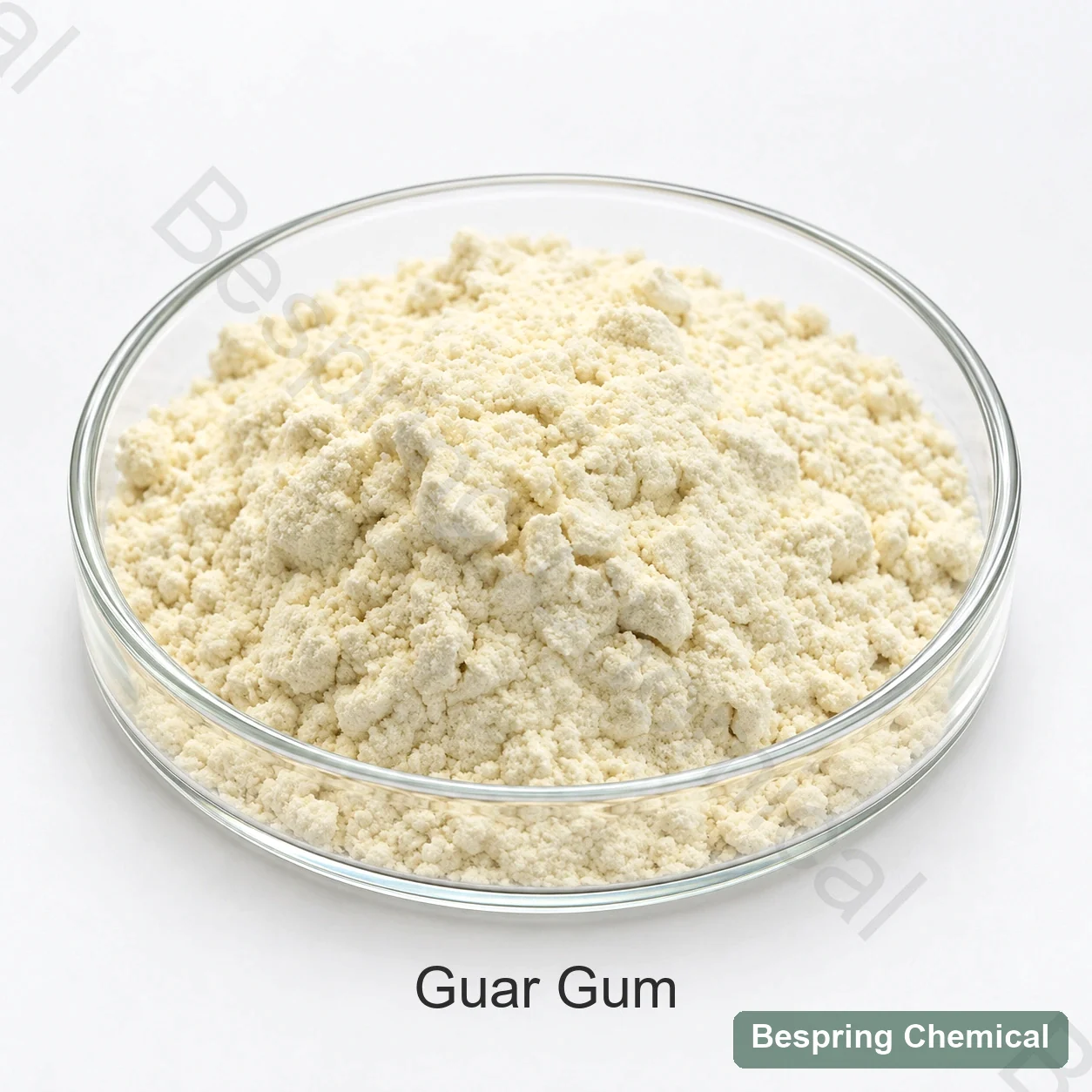 Light guar gum powder in a glass dish in the existing sample image