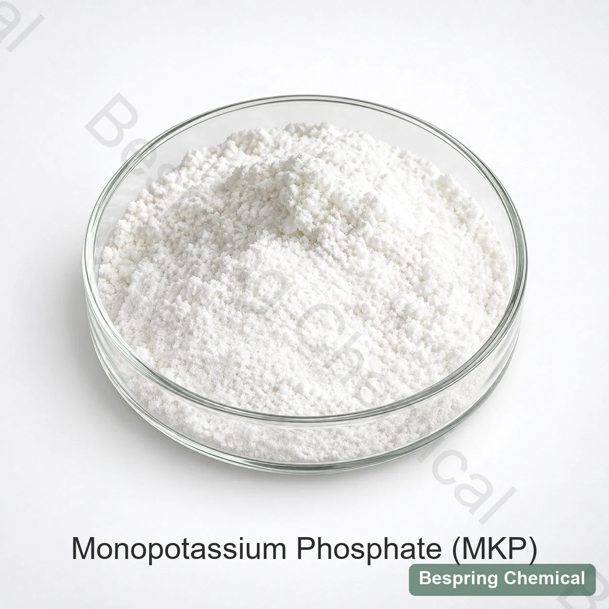White powder in a glass dish labelled monopotassium phosphate MKP