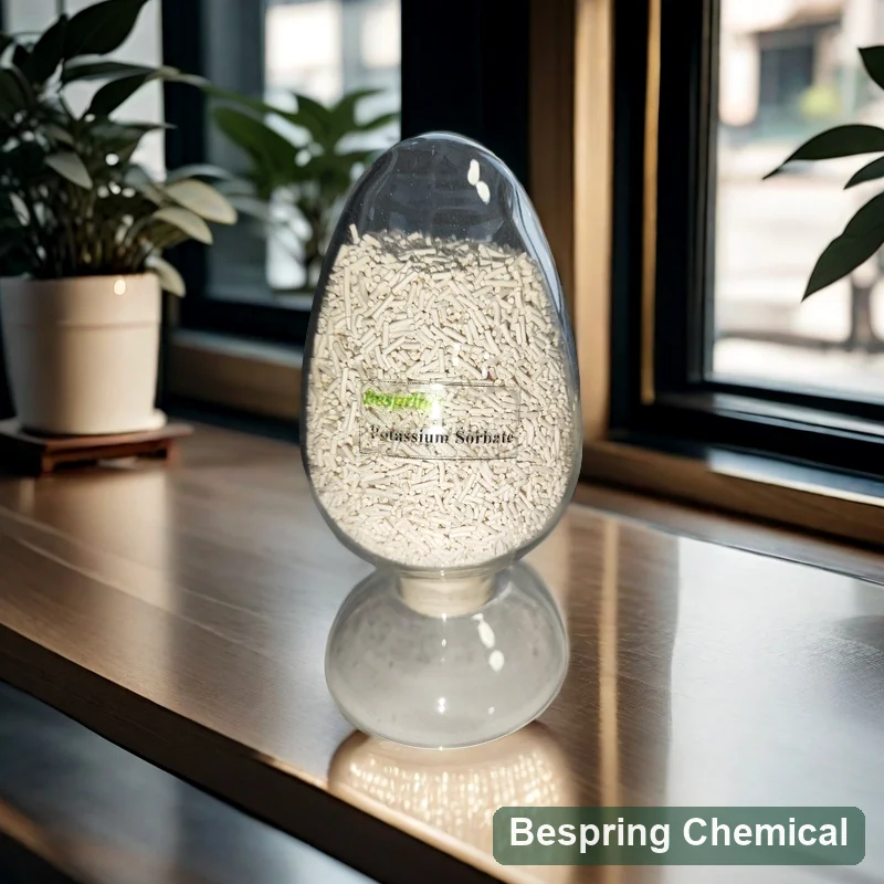 Potassium sorbate granule sample in a clear display vessel