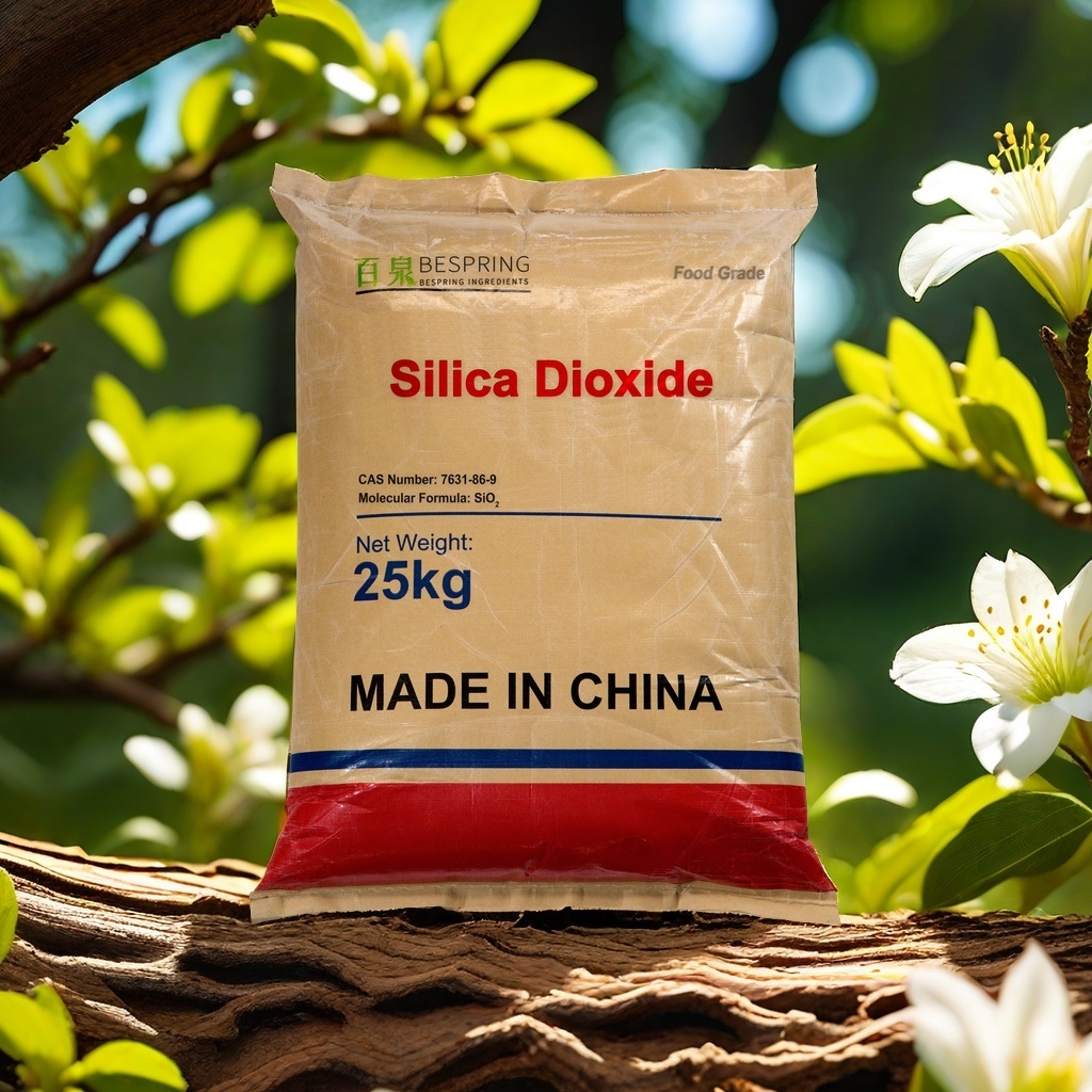 Additional Bespring food grade silicon dioxide packaging reference, printed CAS 7631-86-9, SiO2 and 25 kg