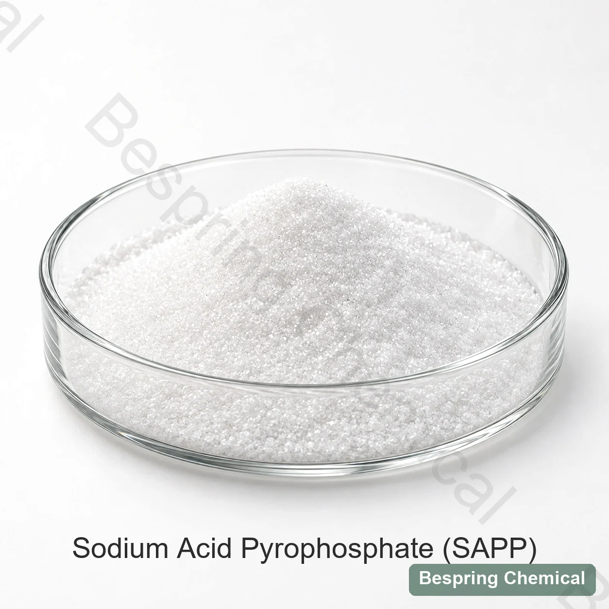 White granular powder in a glass dish labelled sodium acid pyrophosphate SAPP