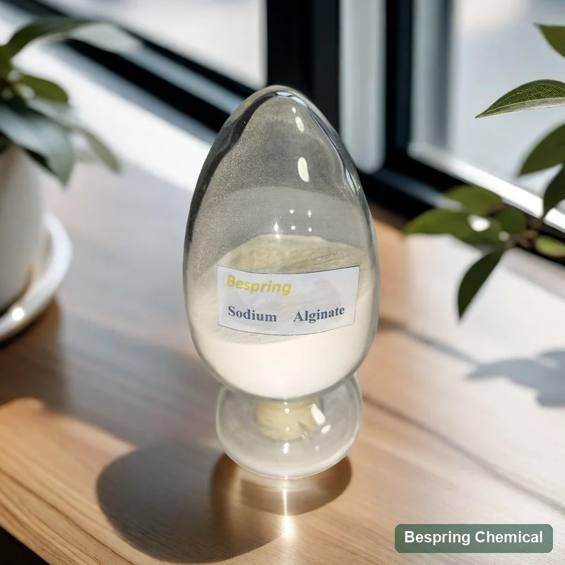 White sodium alginate sample in a labelled glass display vessel