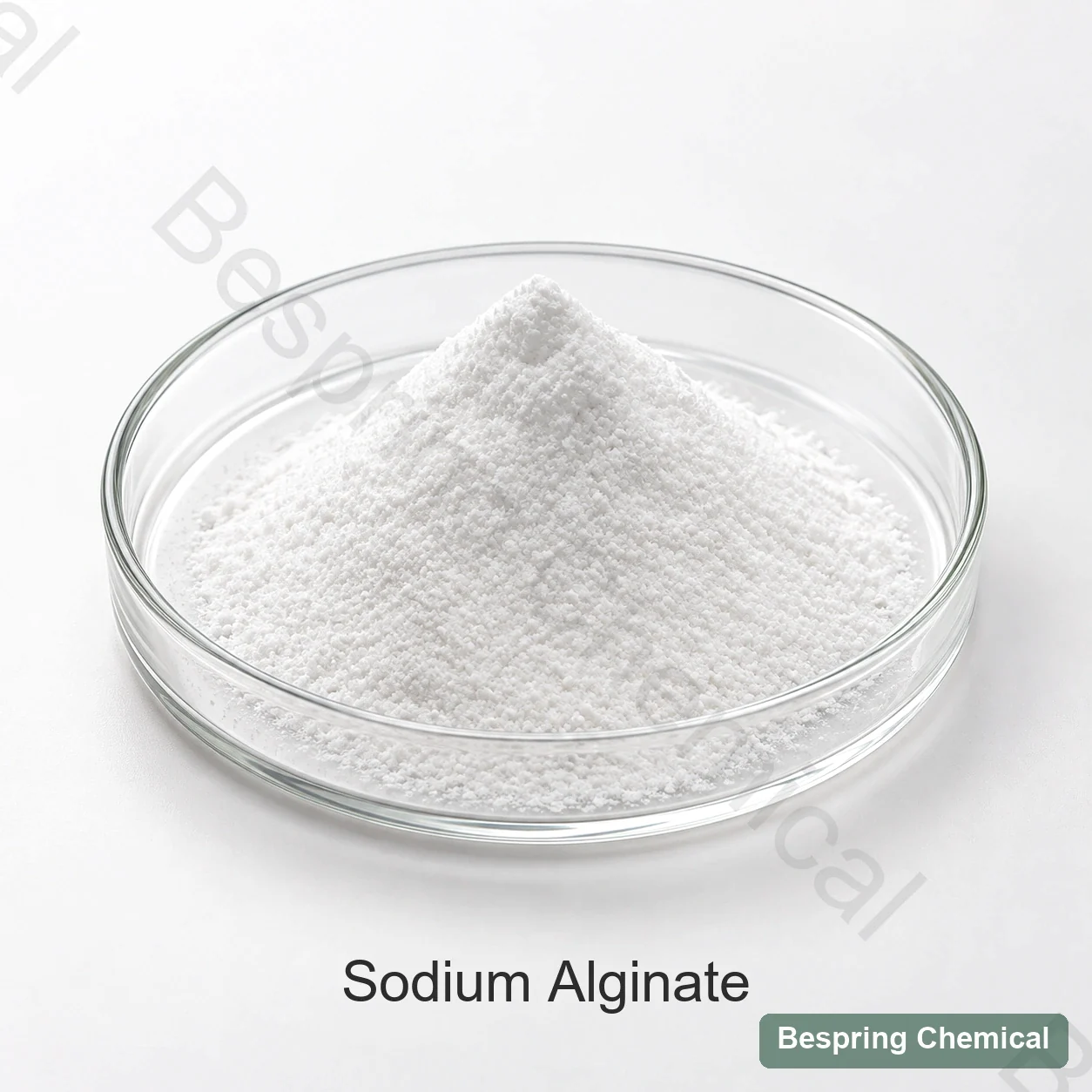 Light sodium alginate powder in a glass dish in the existing sample image