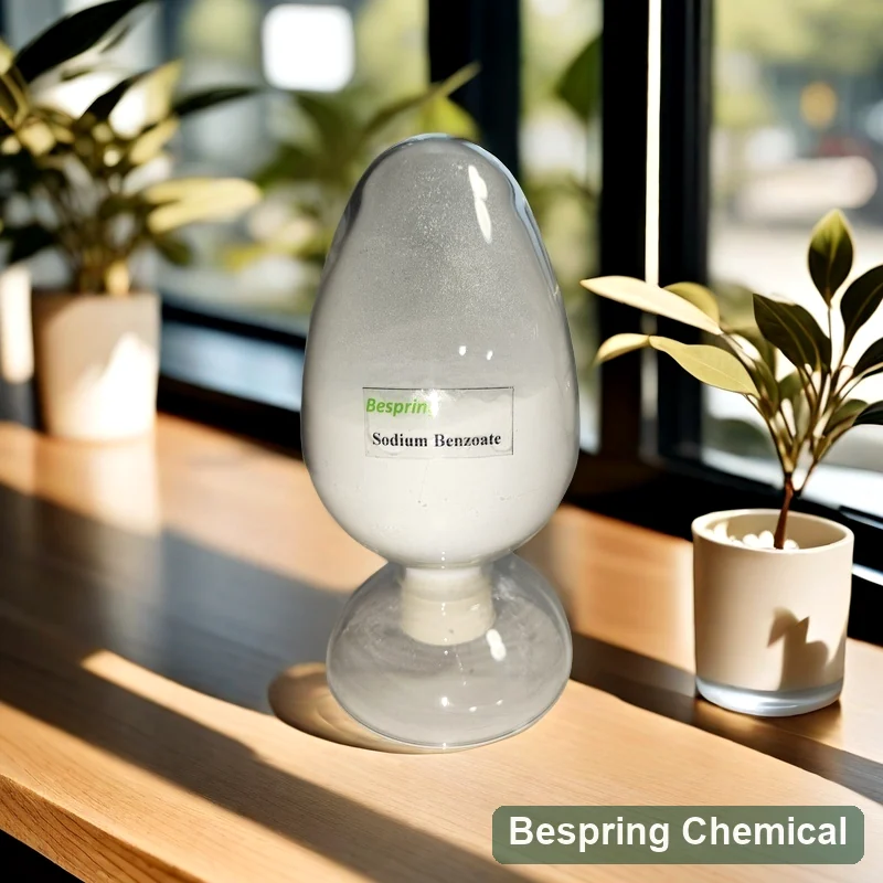 Food grade sodium benzoate powder sample in a clear display vessel