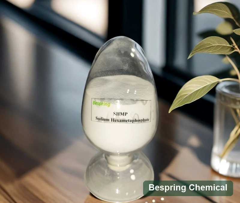 Muestra de polvo SHMP en un recipiente transparente