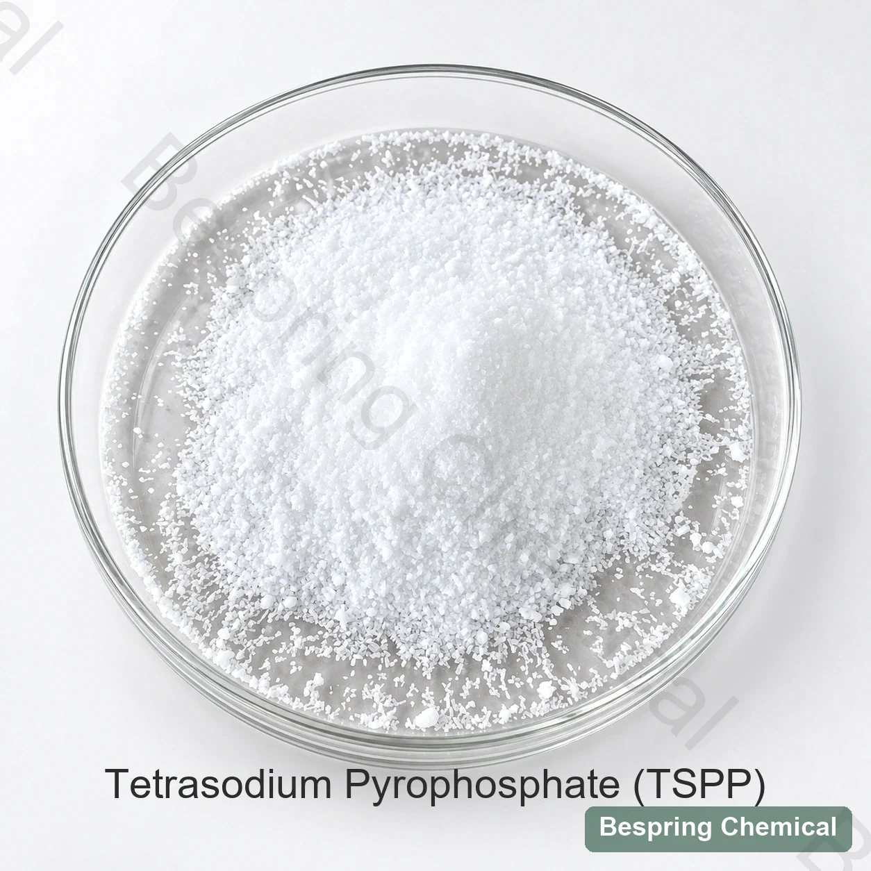 White granular powder in a glass dish labelled tetrasodium pyrophosphate TSPP
