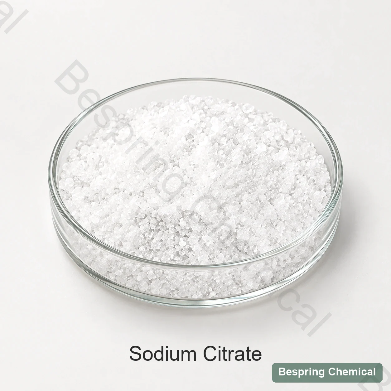 White crystalline sodium citrate sample in a glass dish