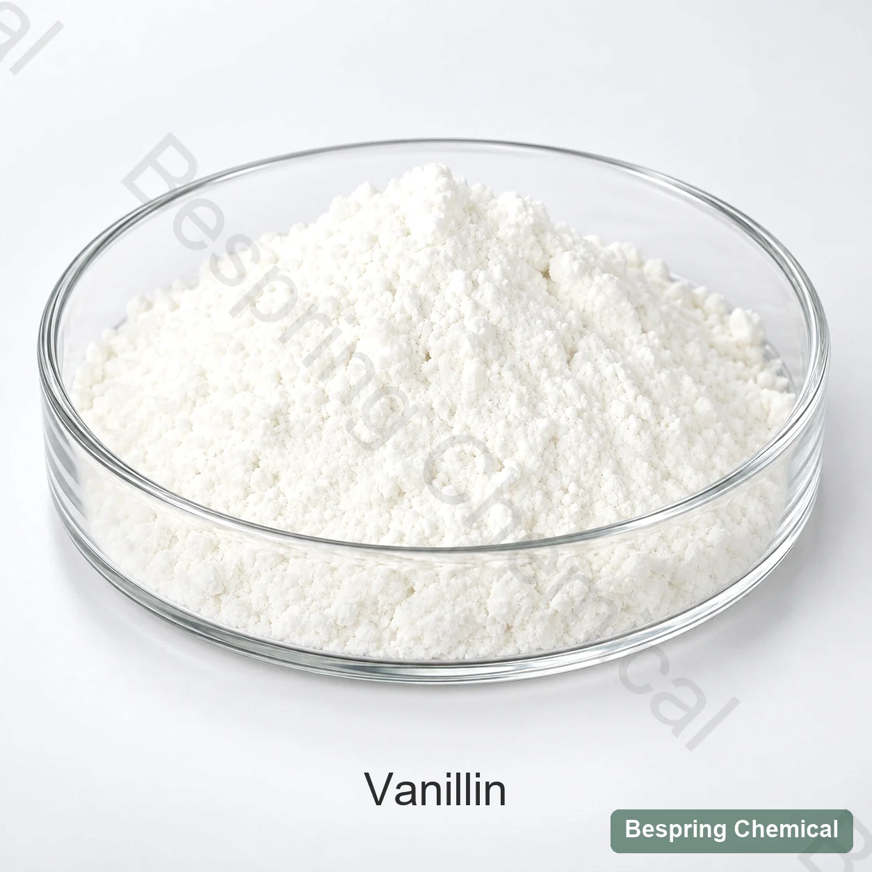 White vanillin powder appearance reference in a glass dish