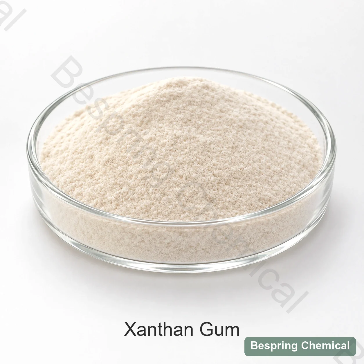 Pale xanthan gum powder in a glass dish